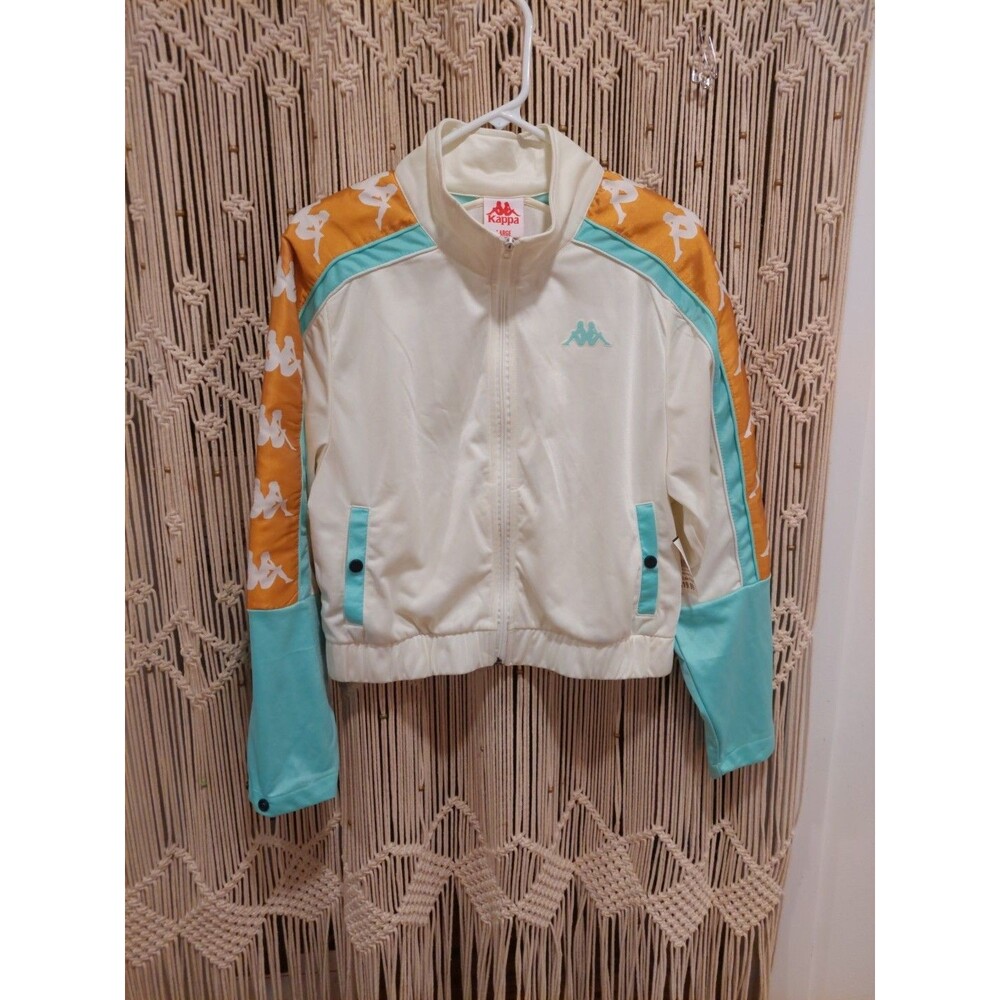 NWT Kappa track jacket with logo taping in white, aqua, and bronze  Large Read